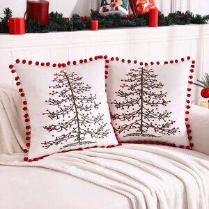 2 pcs Christmas Tree Throw Pillow Covers with Tassels, Embroidery, 18" x18"